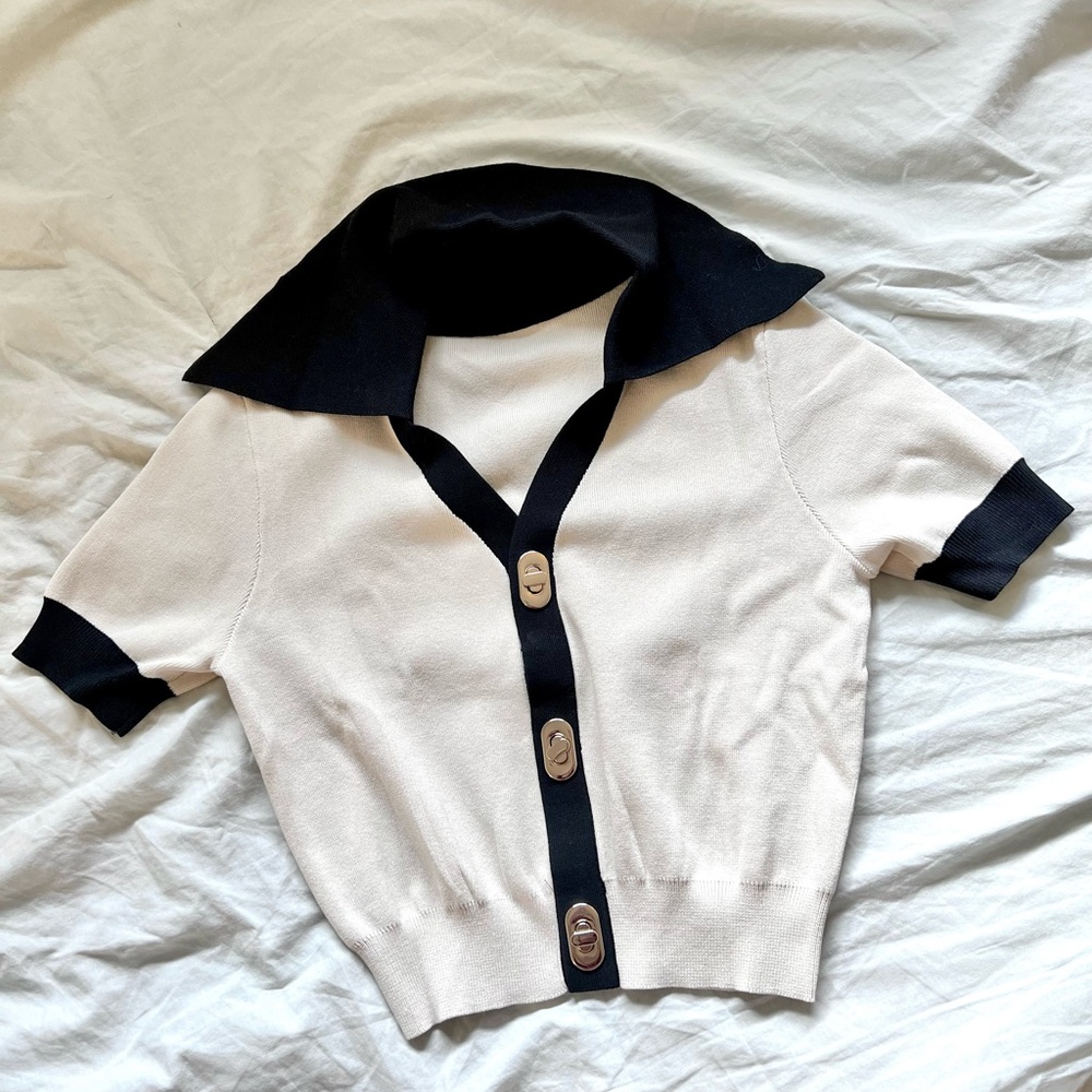Apricot & Black Commense Viscose Crop Collard Cardigan